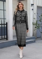 Outdoor street view of a black and white plaid knit cardigan and pencil skirt set - S / Top And Bottom / Black