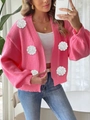 Cárdigan de punto rosa con flores 3D blancas y elegantes mangas de linterna para mujer - S / Rosa Rojo