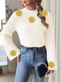 Maglione corto bianco a maglia grossa con fiori all'uncinetto gialli e maniche a campana - S / Bianco