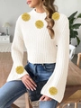 Detail of white waffle knit sweater with yellow crochet flower patchwork on flare sleeves - S / Tops / White (5 Hand-Hooked Yellow Flowers)