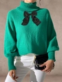 Grüner Damen-Stehkragenpullover mit großer schwarzer Schleife und Rippbündchen - S / Grün