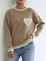 Jersey de punto caqui para mujer con bordes a rayas y parche de corazón de encaje - S / Caqui