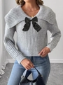 Pull en tricot gris pour femme avec grand col châle et détail nœud noir - S / Gris Chiné