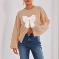 Pull en maille beige oversize avec nœud en dentelle blanche et col rond décontracté - S / Haut Abricot