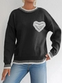 Jersey de punto negro para mujer con parche de encaje de corazón y bordes de rayas suaves - S / Negro