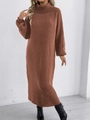 Detail of red-brown ribbed knit long sleeve turtleneck maxi dress for winter style - One Size / Brown