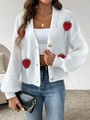 Cárdigan de punto blanco con fresas 3D y botones vintage en mangas abullonadas - S / Blanco