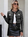 Elegant black and white plaid knit cardigan with pearl buttons and bow details for women - S / Tops / Black