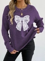 Close-up of purple knit sweater featuring white lace butterfly embroidery detail - S / Purple