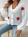 Detailed close-up of white chunky knit cardigan with 3D handmade strawberry patches - S / Tops / White