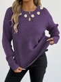 Jersey morado de cuello redondo para mujer con flores de ganchillo blancas en 3D - S / Morado