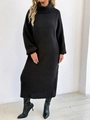 Detail of a black turtleneck knit dress with ribbed texture and long sleeves - One Size / Black