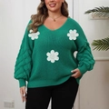 Maglione in maglia verde con scollo a V, applicazioni floreali bianche e maniche a sbuffo - 0XL / Verde