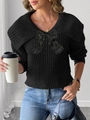 Pull en maille noir pour femme avec un grand nœud en satin et un large col en V élégant - S / Noir
