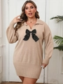 Elegant beige knit long-sleeve dress with polo collar and black ribbon bow accent - 0XL/L / Bottoms / Khaki (Black Bow)