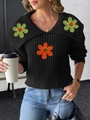 Detalle de jersey de punto con cuello grande y flores de ganchillo 3D verde y naranja - S / Negro