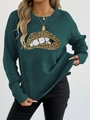 Maglione in maglia verde scuro a maniche lunghe con ricamo labbra a motivo leopardato - S / Verde Scuro (Labbra Leopardate)