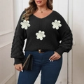 Maglione nero taglie forti scollo a V con fiori 3D e maniche a sbuffo strutturate - 0XL / Nero
