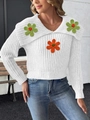Detailed view of white knit sweater with oversized collar and 3D floral appliques - S / Tops / White