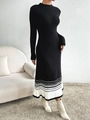 Detail showing knit texture of long sleeve black dress with striped pleated hem - S / Black