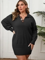 Damen Übergröße Strickkleid in Schwarz mit Polo-Kragen und Blumenverzierung - 0XL / Schwarz