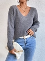 Pull en maille grise pour femme avec col en V, dos nu sexy et manches longues décontracté - S / Gris Chiné