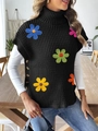 Black high-neck knit vest featuring colorful crochet flower patches and side buttons - One Size / Black