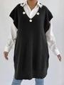 Close-up of black knit V-neck vest dress with delicate white daisy floral patchwork - One Size / Tops / Black