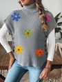 Detail of grey ribbed knit vest with colorful crochet flowers and side wood buttons - One Size / Gray