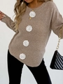 Brown knit sweater with 3D white crochet flowers and long sleeves for women - S / Apricot