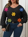Pull noir grande taille à col en V avec fleurs crochetées colorées et manches texturées - 0XL / Noir