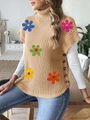 Close-up of 3D colorful flower embroidery and button details on knit turtleneck vest - One Size / Camel