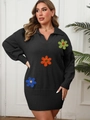 Women's black knit dress with polo collar and colorful 3D floral crochet appliques - 0XL/L / Top And Bottom / Black