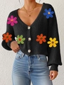 Cardigan nero da donna con scollo a V, ricamo di fiori 3D colorati e bottoni - S / Nero