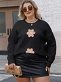 Détails de maille torsadée avec fleurs 3D et strass décoratifs sur le pull noir - 0XL / Noir