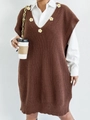 Close-up of brown crochet knit vest with white floral patches and V-neckline detail - One Size / Coffee (5 Flowers)