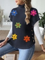 Detail of navy knit vest showing colorful crochet flower embroidery and side button accents - One Size / Navy Blue