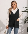 Detail of a black knit V-neck vest with two front pockets paired with a white shirt - One Size / Tops / Black