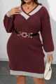 Detail of burgundy V-neck knit dress featuring grey contrast trim and slim black belt - 1XL / Burgundy