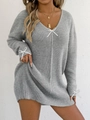 Detail of grey knit V-neck dress featuring delicate white ribbon bows on sleeves - S / Tops / Heather Grey