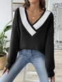 Gros plan sur la maille épaisse et le col en V contrasté de ce pull décontracté - S / Noir