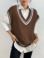 Close-up of contrast stripe trim on V-neck sweater vest with soft knit texture - One Size / Coffee