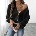 Cárdigan de punto negro para mujer con cuello en V, textura gruesa y botones dorados - S / Negro