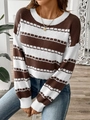 Maglione da donna a righe con motivo a mosaico a contrasto e classico girocollo - S / caffè
