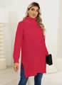 Détail d'un pull à col roulé rouge rose avec fente latérale et maille texturée épaisse - S / Rouge