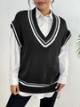 Detailed close-up of V-neck knitted vest with contrast white stripes on black fabric - One Size / Tops / Black