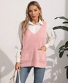 Detail of pink knitted V-neck vest featuring two front pockets and ribbed texture - One Size / Tops / Lotus root pink