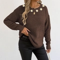 Maglione in maglia marrone scuro da donna con applicazioni floreali 3D e spalle scese - caffè