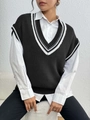 Detail of V-neck knit vest with contrast white stripes on black fabric and sleeve edges - One Size / Black