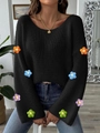 Women's black knit sweater with 3D colorful crochet flowers and elegant round neck - S / Tops / Black